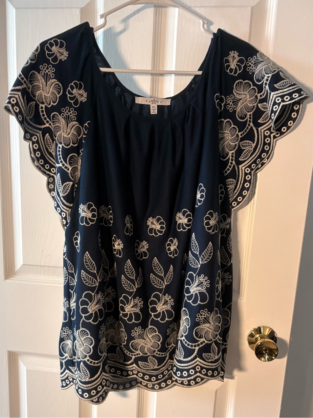 Fever Embroidered Navy Flutter-Sleeve Women's Top